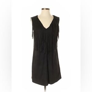 Fringed front black dress.